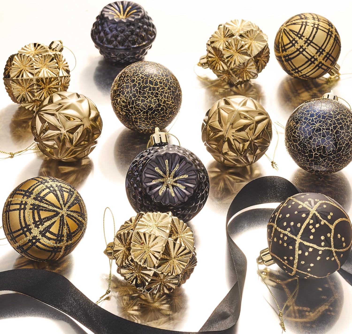 Valery Madelyn Ornaments for Christmas Trees, 9ct 2.36 Inches Black and Gold Shatterproof Christmas