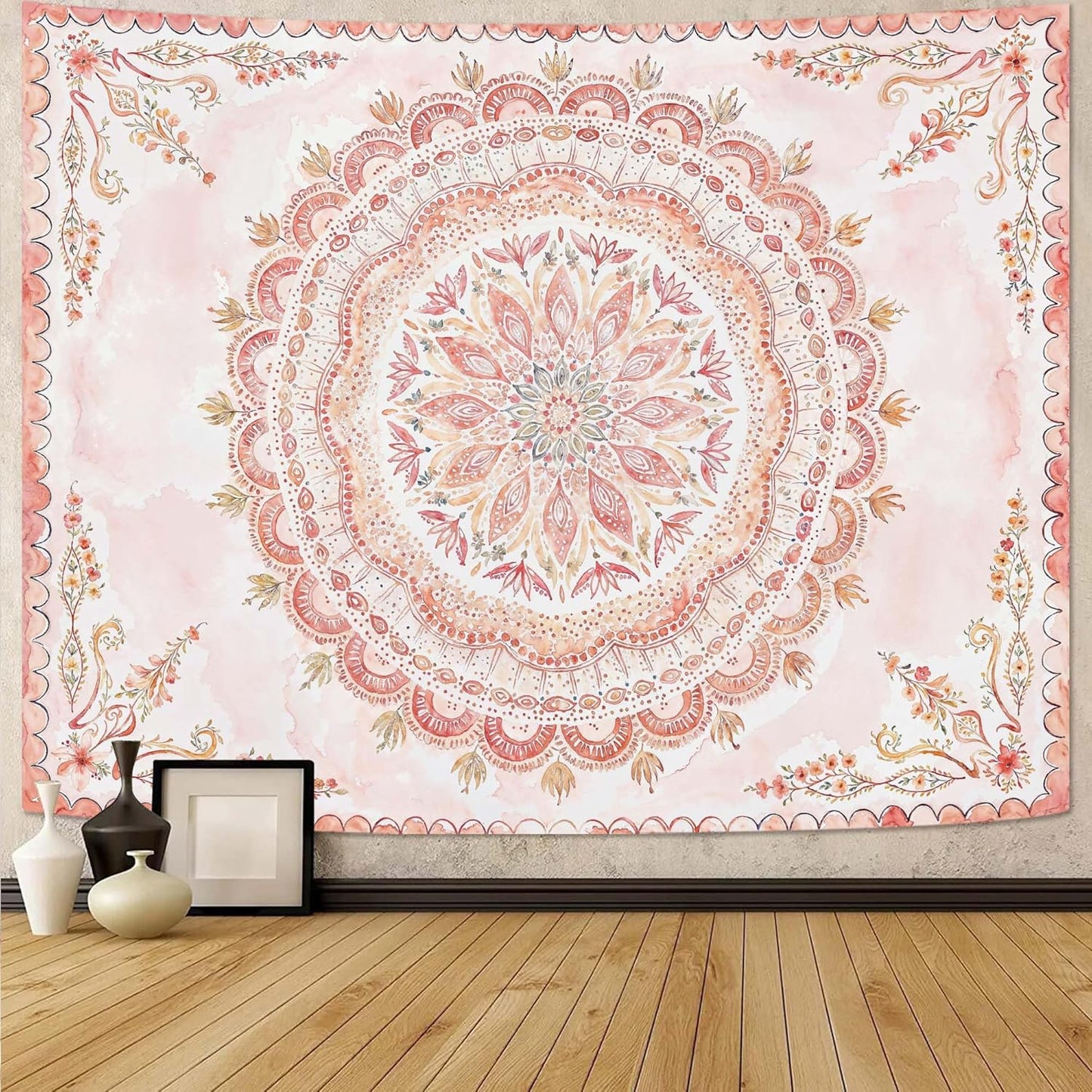 Fowocu Boho Floral Mandala Tapestry Wall Hanging Pink Bohemian Flower Medallion Tapestry Aesthetic