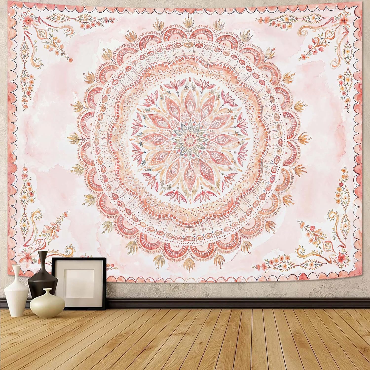 Fowocu Boho Floral Mandala Tapestry Wall Hanging Pink Bohemian Flower Medallion Tapestry Aesthetic
