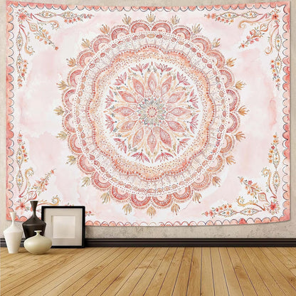 Fowocu Boho Floral Mandala Tapestry Wall Hanging Pink Bohemian Flower Medallion Tapestry Aesthetic