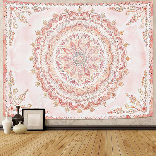 Fowocu Boho Floral Mandala Tapestry Wall Hanging Pink Bohemian Flower Medallion Tapestry Aesthetic