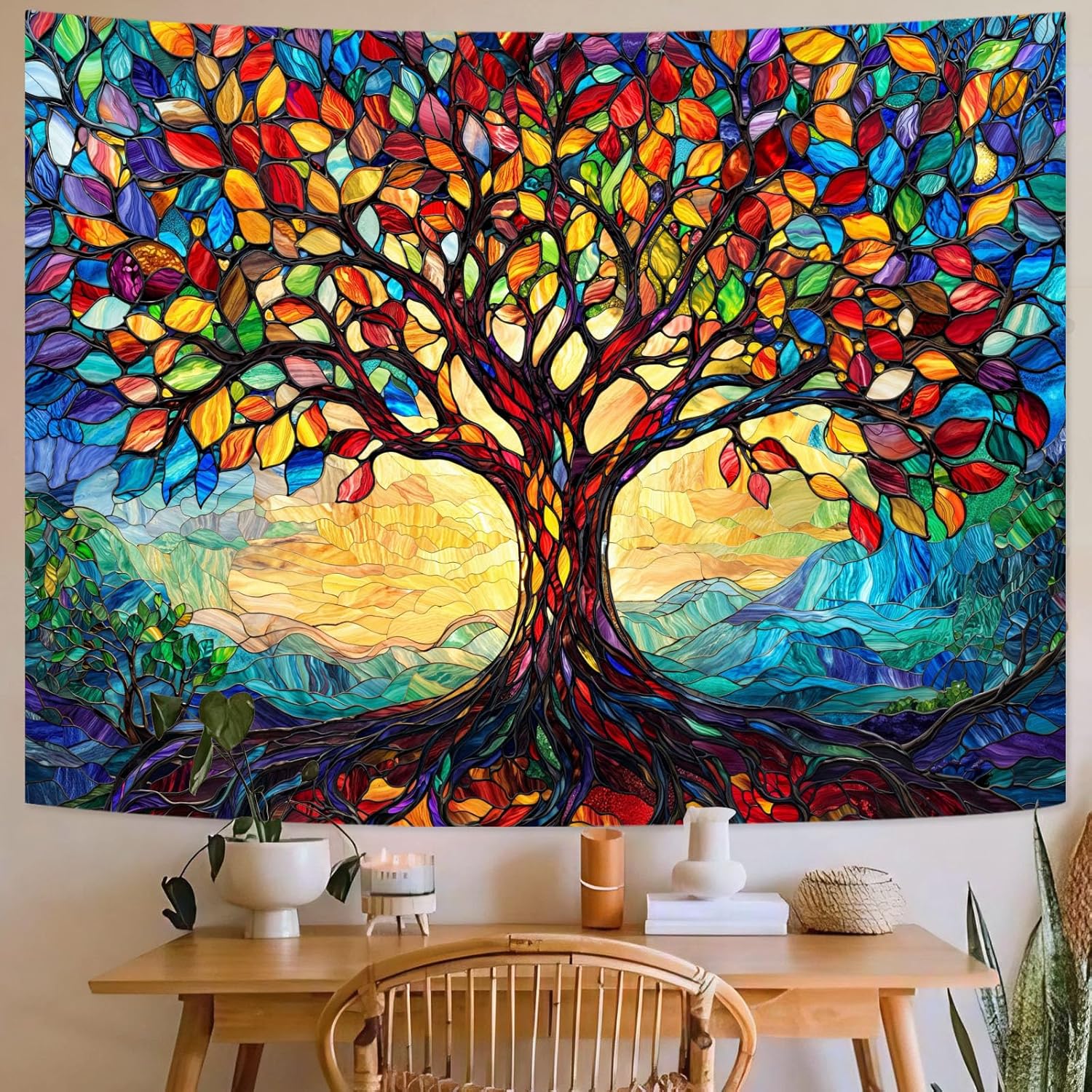 Lunerfex Tree of Life Tapestry Stained Glass Tapestry Wall Decor Tapestries for Bedroom Art