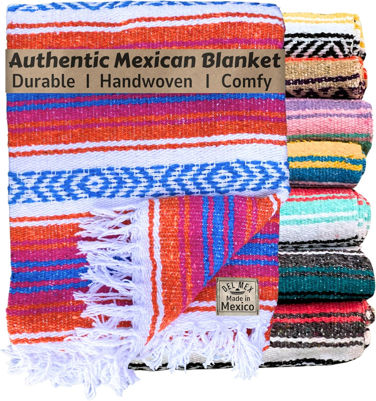 Del Mex Classic Mexican Blanket, Large Authentic Woven Falsa Throw (70"x50"), Artisan Southwest