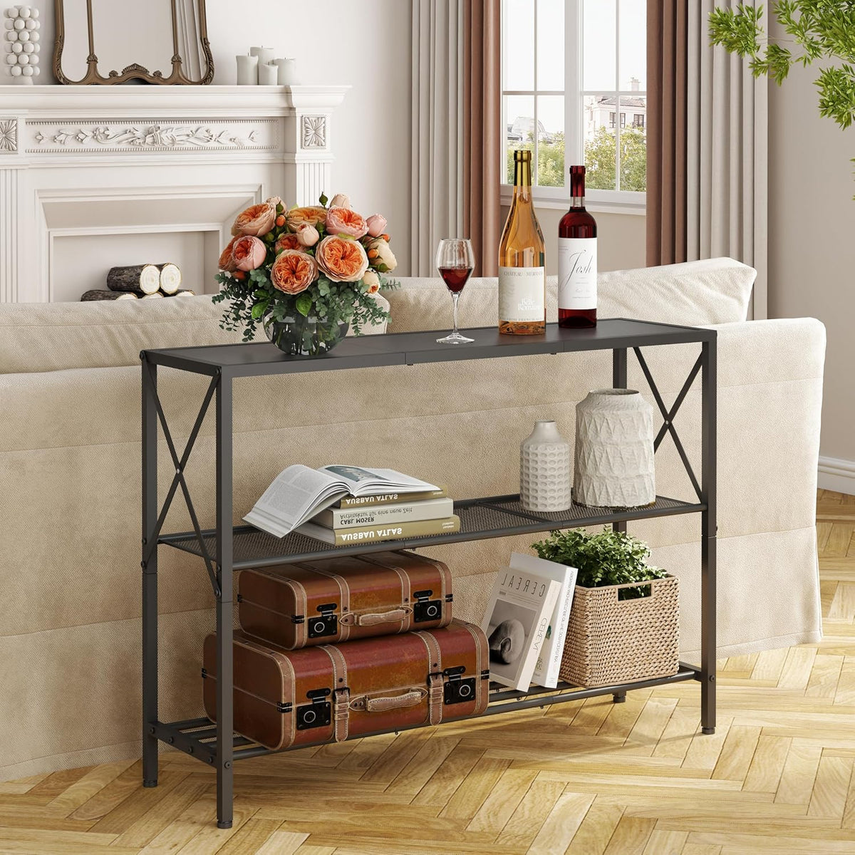 Hoctieon Industrial Console Table, 3 Tier Entryway Table, Hallway Table, Narrow Sofa Table with