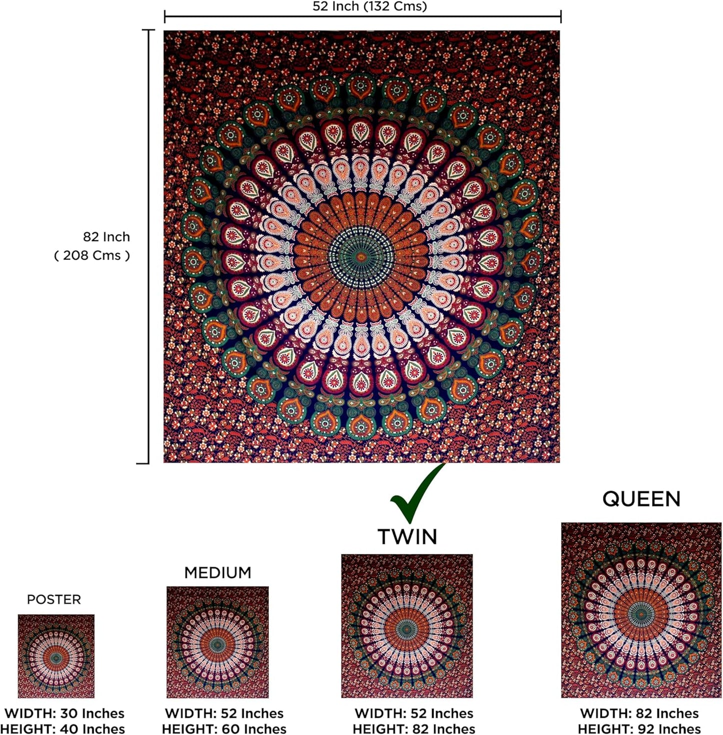 Raajsee Mandala Tapestry Wall Hanging – Blue Orange, 100% Cotton, Boho Hippie Decor, Twin Size