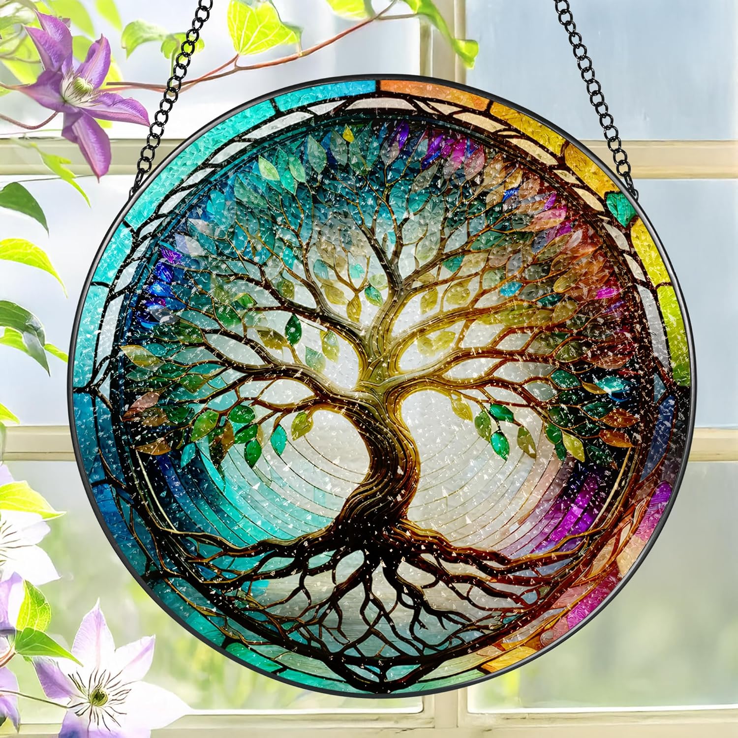 Stained Glass Window Hanging, LAOWEIKI 8'' Tree of Life Suncatcher, Stained Glass Ornament