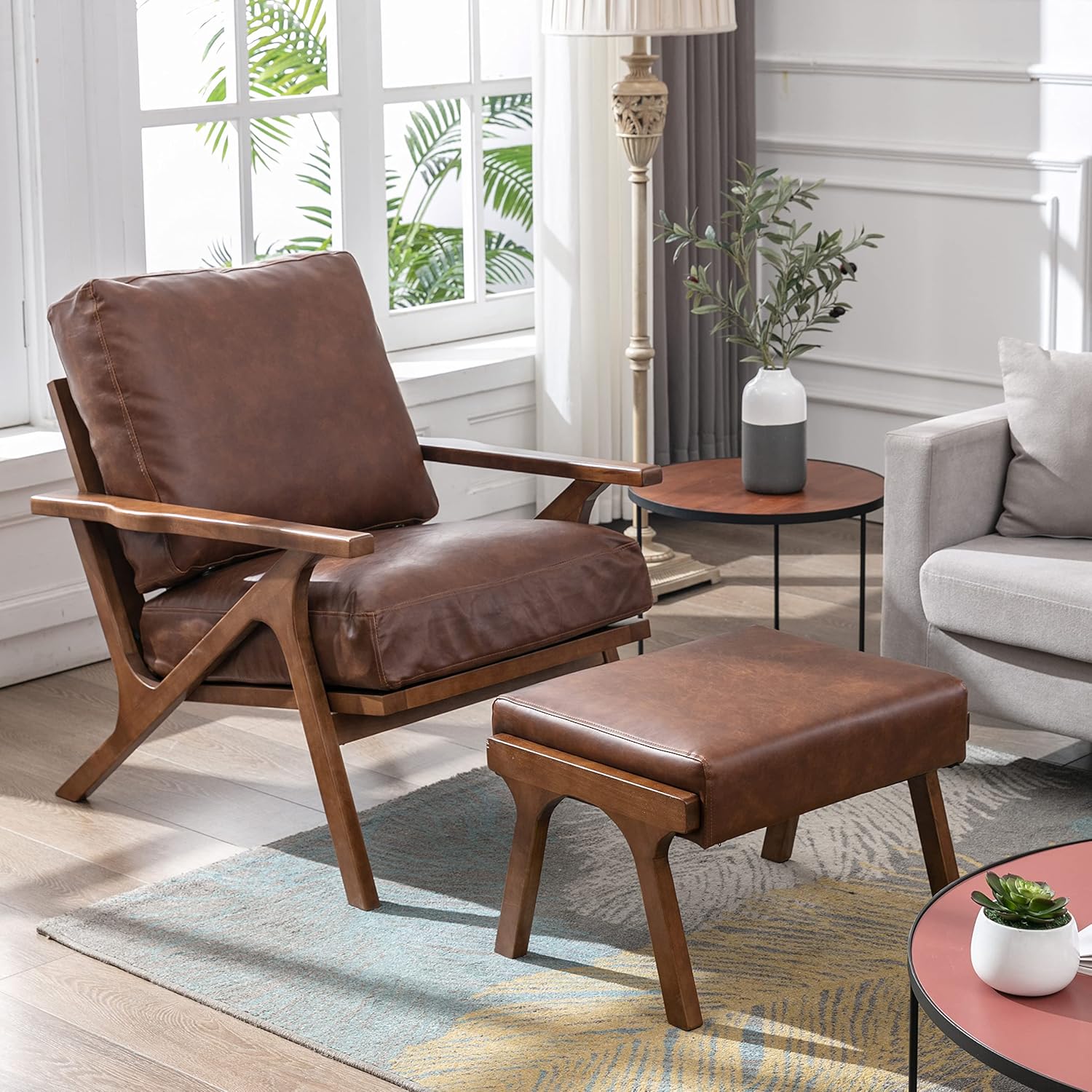 chairus Mid-Century Modern Accent Chair with Ottoman, Faux Leather Armchair with Wood Legs Comfy