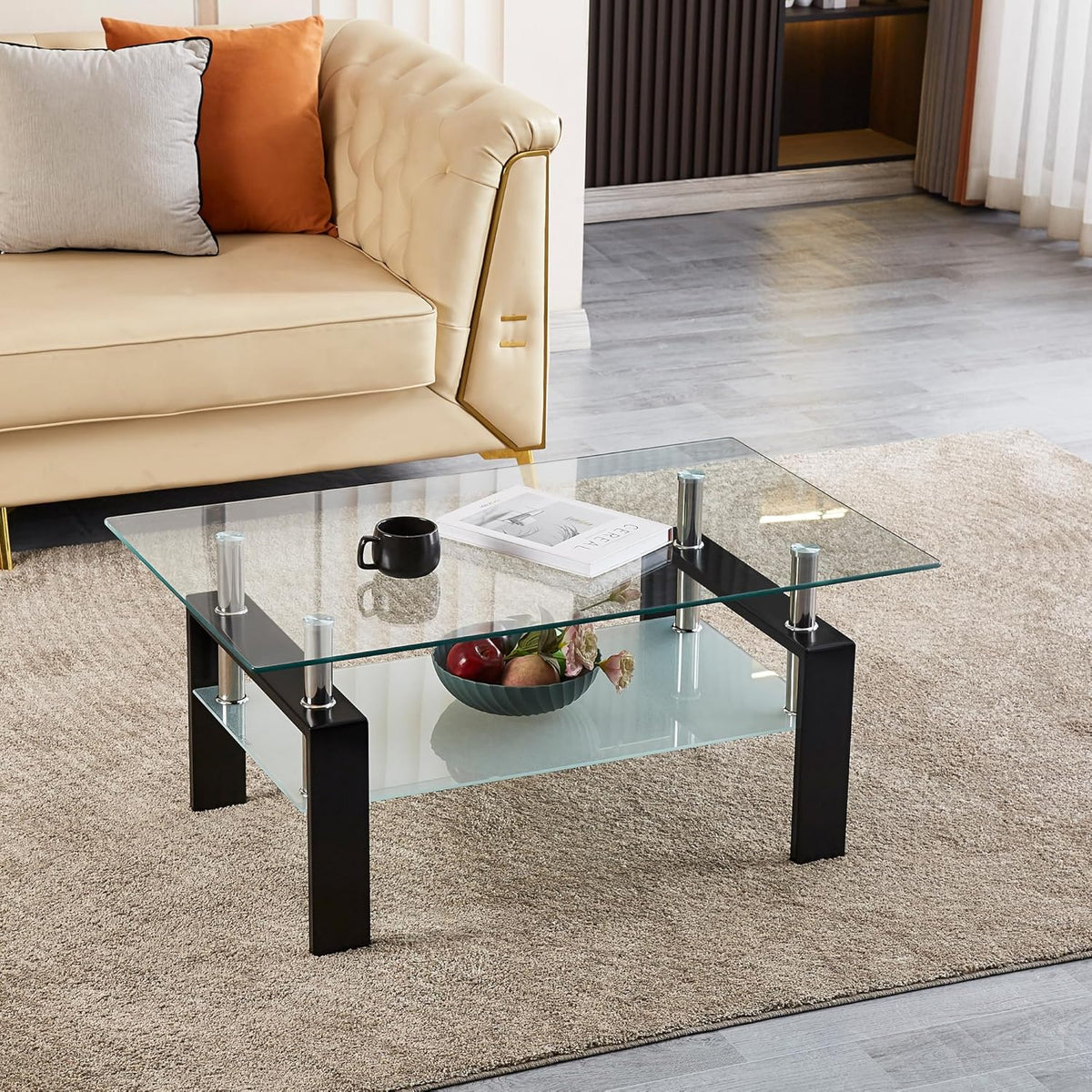 Glass Coffee Table for Living Room, 2 Layer Center Table with Clear Rectangle Tempered Glass Top