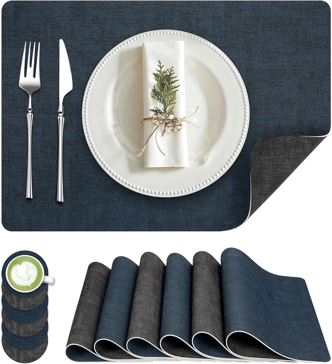 Faux Leather Dual Sided Placemats Set of 6, Square Non-Slip Heat Resistant Placemats with Coaster