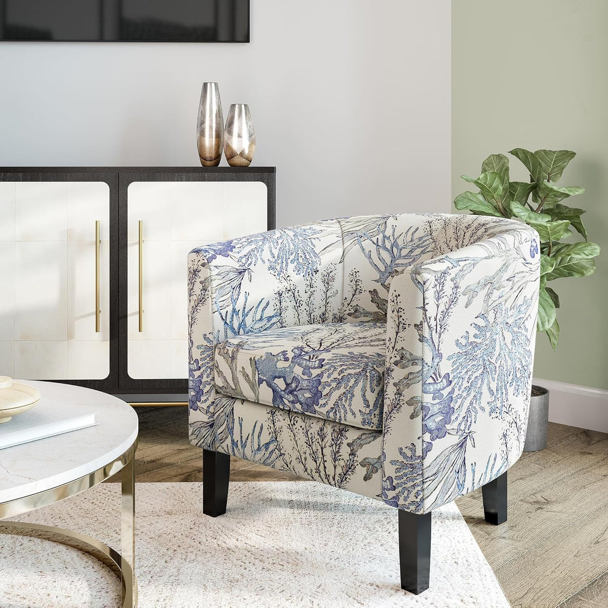BELLEZE Living Room Chair, Linen Round Accent Barrel Chair, Club Tub Sofa Chair for Bedroom, Corner