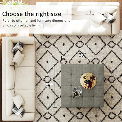 Large Square Ottoman Coffee Table, Linen Solid Upholstered Footrest Ottoman with Solid Wood Shelf