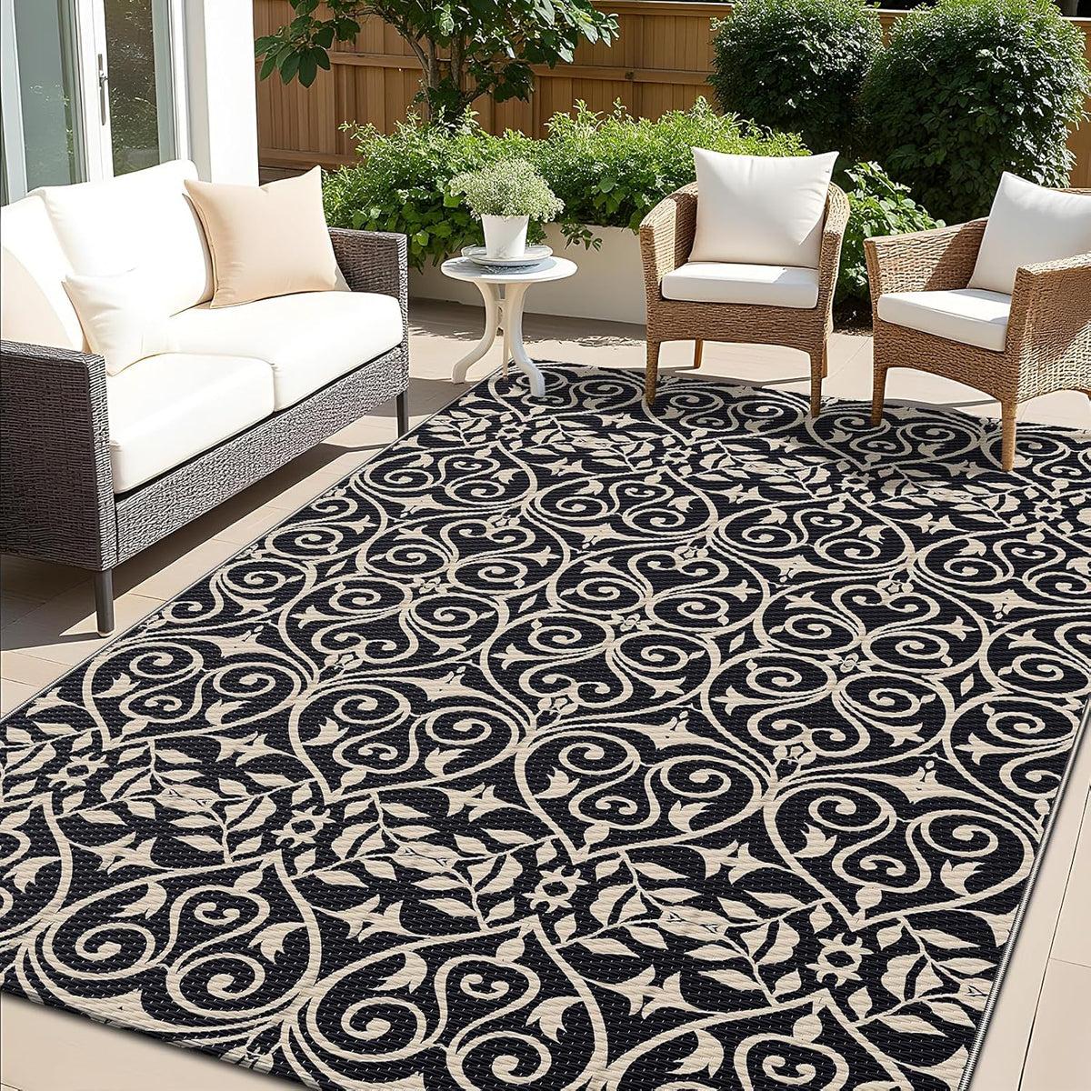OLANLY Outdoor Rug Waterproof 5x8 ft Clearance, Reversible Outdoor Plastic Straw Rug with Floral