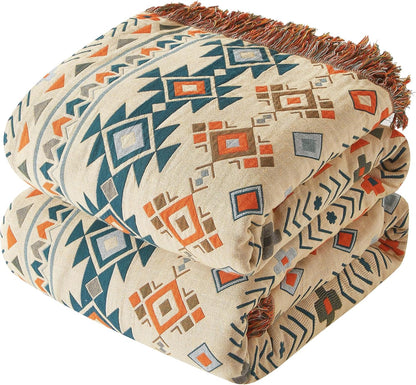 Boho Throw Blanket for Couch Sofa Bed, 100% Cotton Woven Quilt with Tassel 60”x80”, Super Soft
