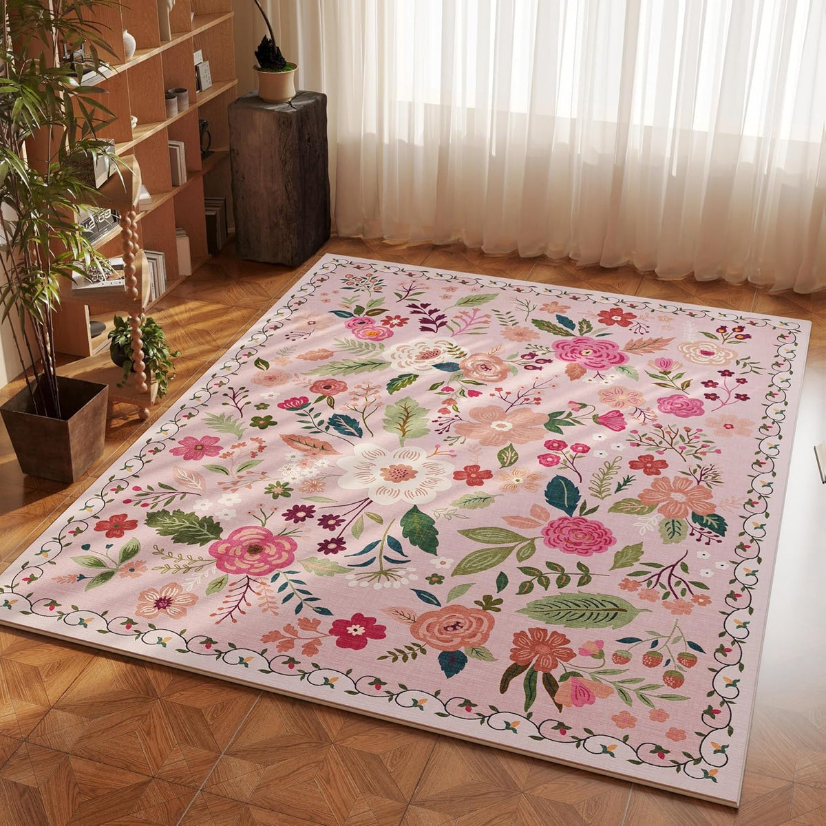 Bedroom Rug 3x5 Rug Washable Area Rug Non Slip Low Pile Boho Floral Small Carpet for Bedroom