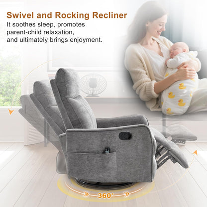 Manual Swivel Rocker Recliner Chair for Adults, Overstuffed Reclining Glider Chair for Nursing with