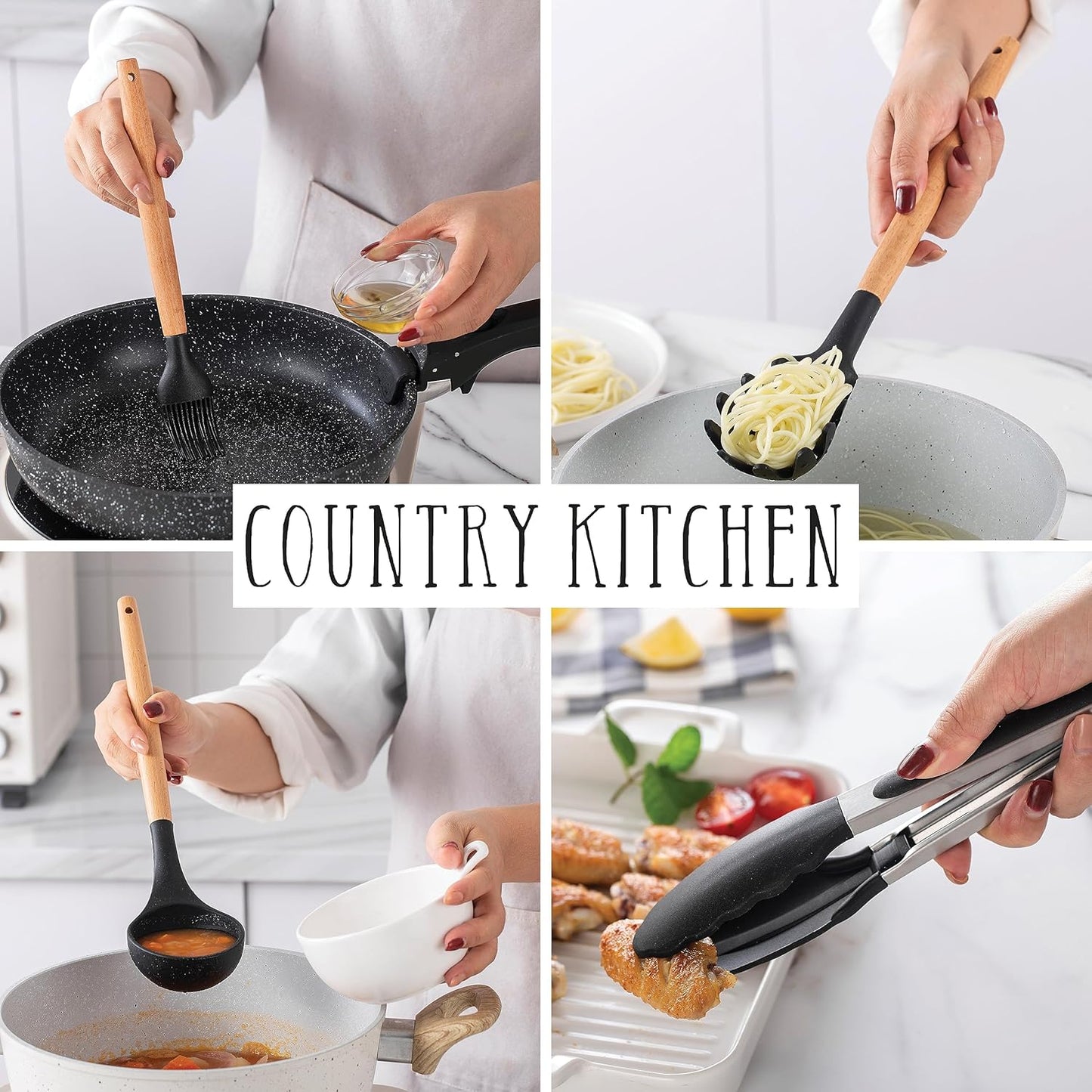 Country Kitchen Non Stick Silicone Utensil Set with Rounded Wood Handles for Cooking and Baking, 38