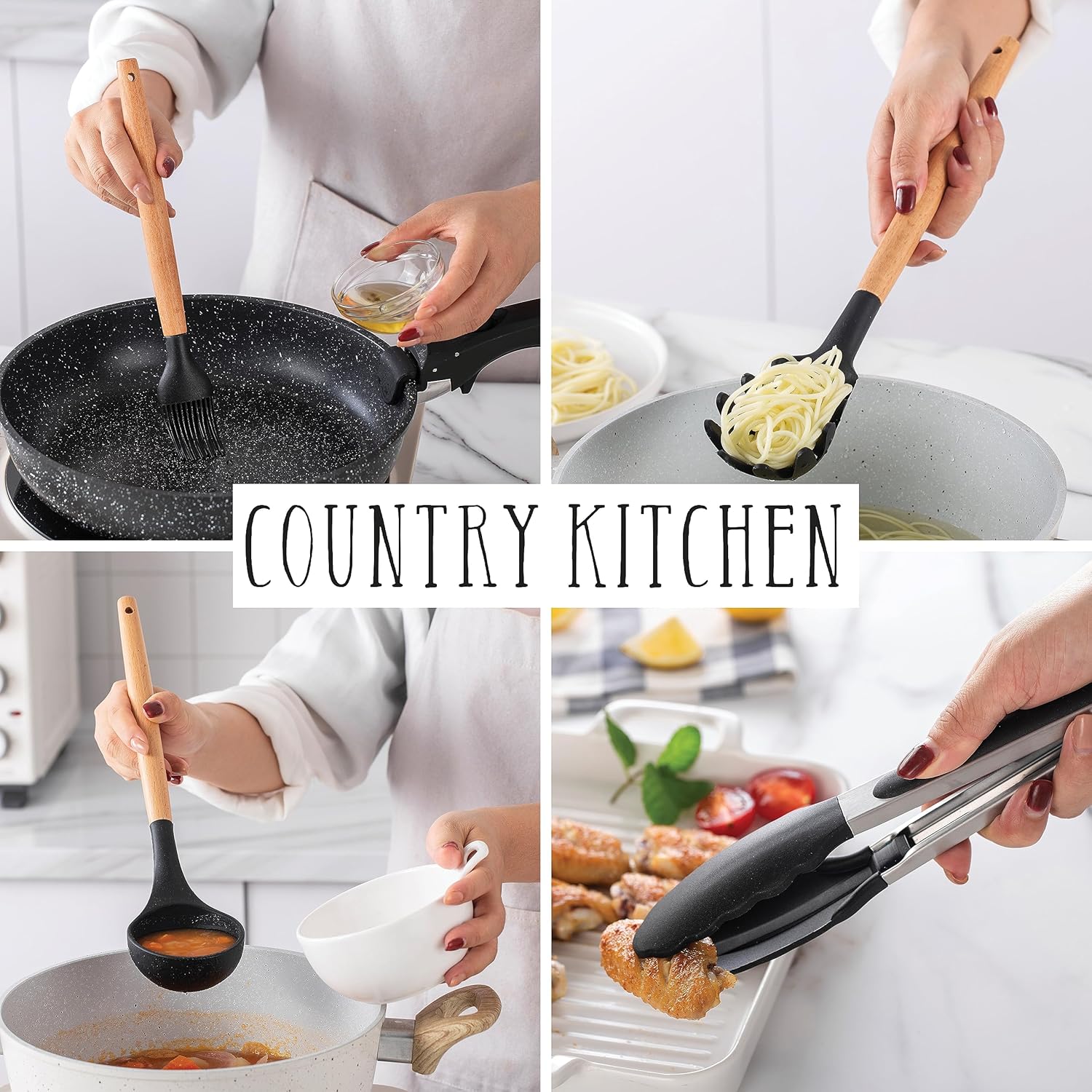 Country Kitchen Non Stick Silicone Utensil Set with Rounded Wood Handles for Cooking and Baking, 38