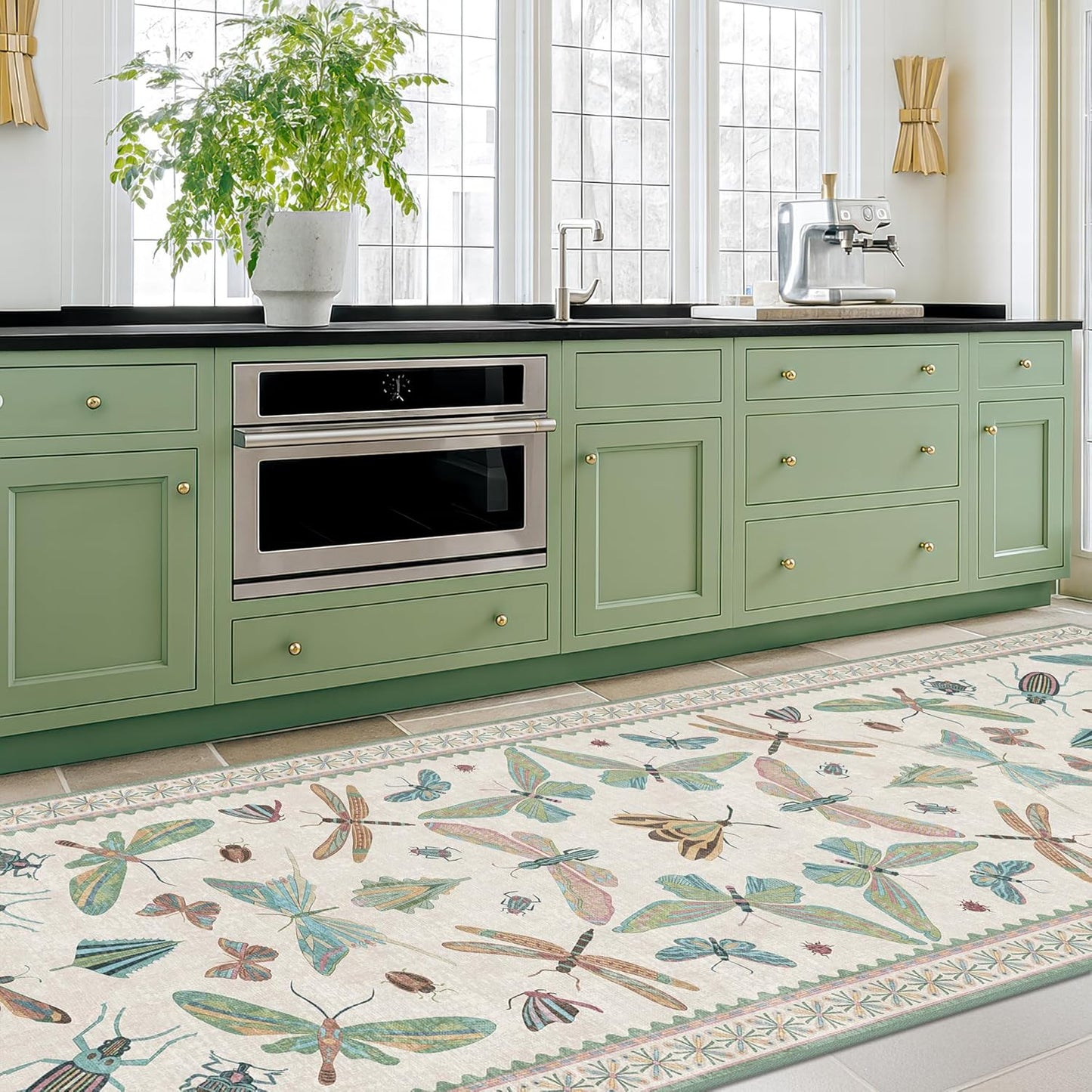 Insect Print Long Hallway Runner Rug - Light Green Rug for Kitchen Floor, Entryway Runner Rug