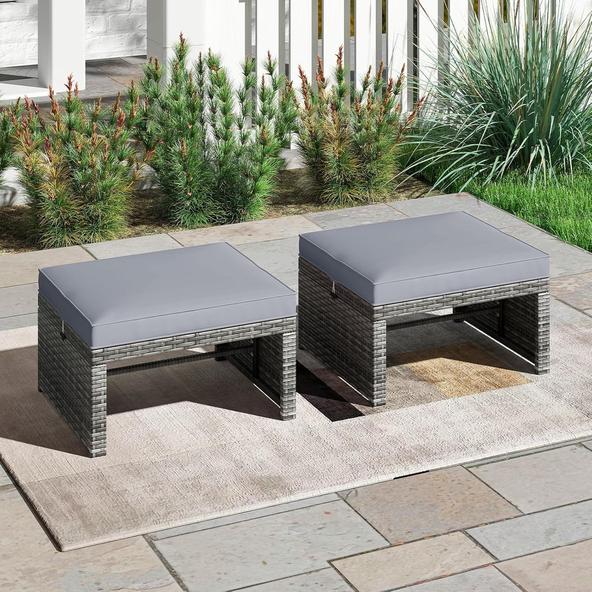 Tangkula 2 Pieces Patio PE Rattan Ottomans, Multipurpose Outdoor Footstool Footrest Additional