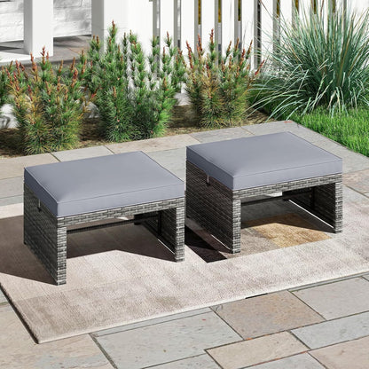 Tangkula 2 Pieces Patio PE Rattan Ottomans, Multipurpose Outdoor Footstool Footrest Additional
