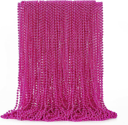 50PCS Bead Necklace, Metallic Mardi Gras Pink Bead Necklace, 33" Mardi Gras Round Beaded, Festival