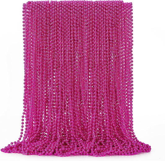 50PCS Bead Necklace, Metallic Mardi Gras Pink Bead Necklace, 33" Mardi Gras Round Beaded, Festival