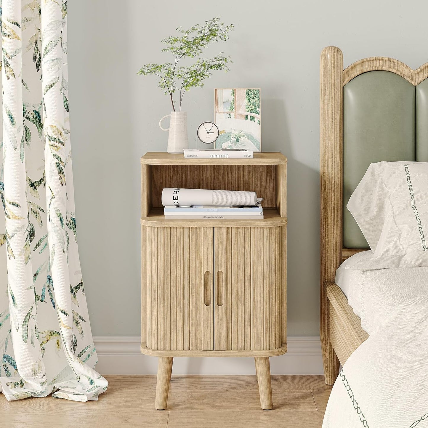 Alohappy Mid Century Modern End Table, Fluted Wood Nightstand with Sliding Tambour Door, Curved