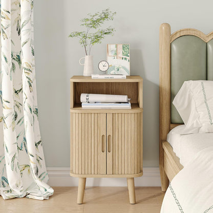 Alohappy Mid Century Modern End Table, Fluted Wood Nightstand with Sliding Tambour Door, Curved