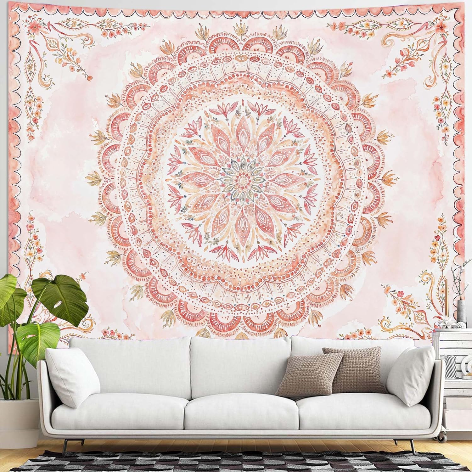 Fowocu Boho Floral Mandala Tapestry Wall Hanging Pink Bohemian Flower Medallion Tapestry Aesthetic