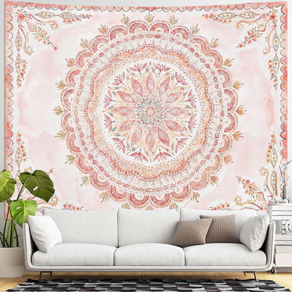 Fowocu Boho Floral Mandala Tapestry Wall Hanging Pink Bohemian Flower Medallion Tapestry Aesthetic