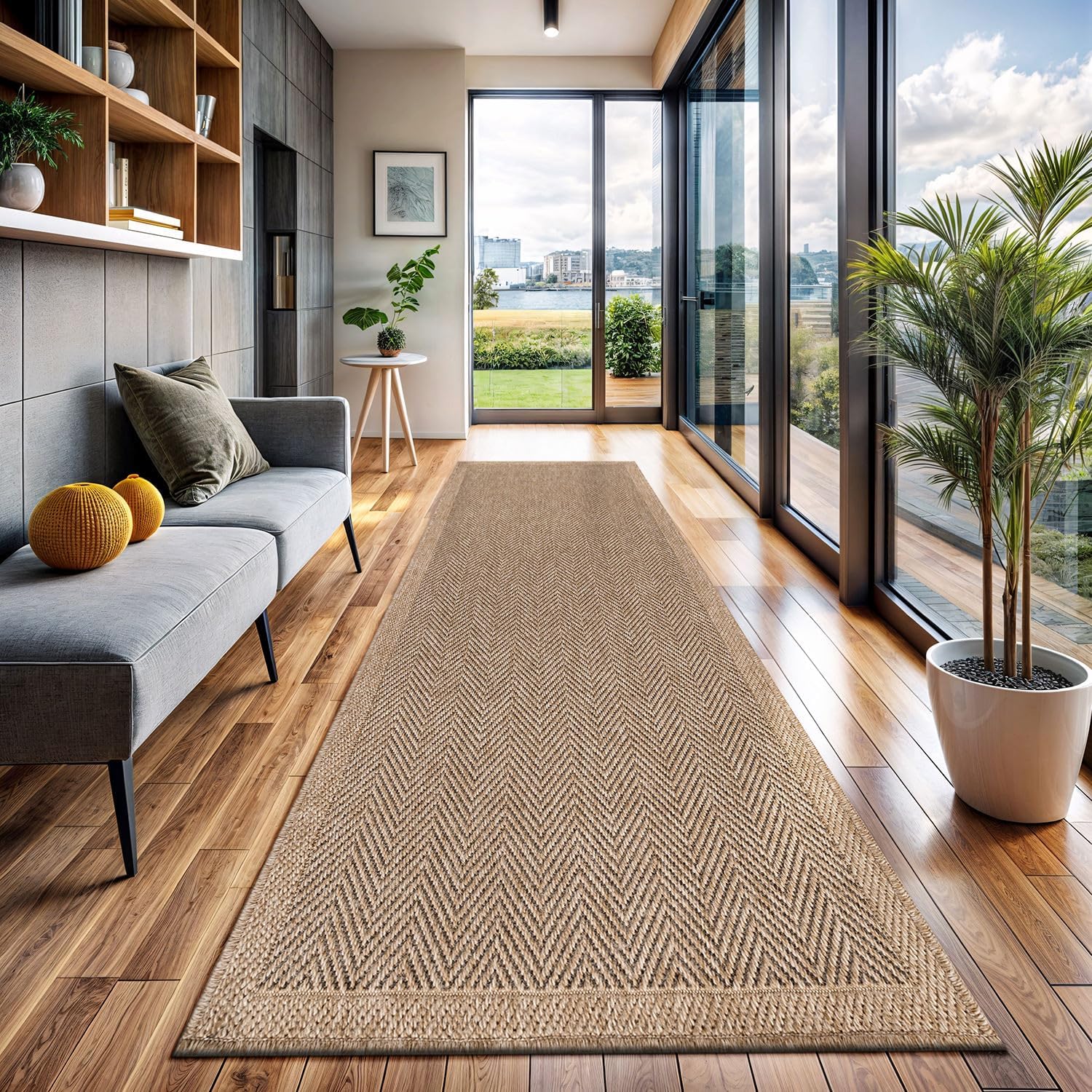 CAMILSON Indoor and Outdoor Runner Rug Natural Herringbone Seagrass Boho Design Easy-Cleaning Non