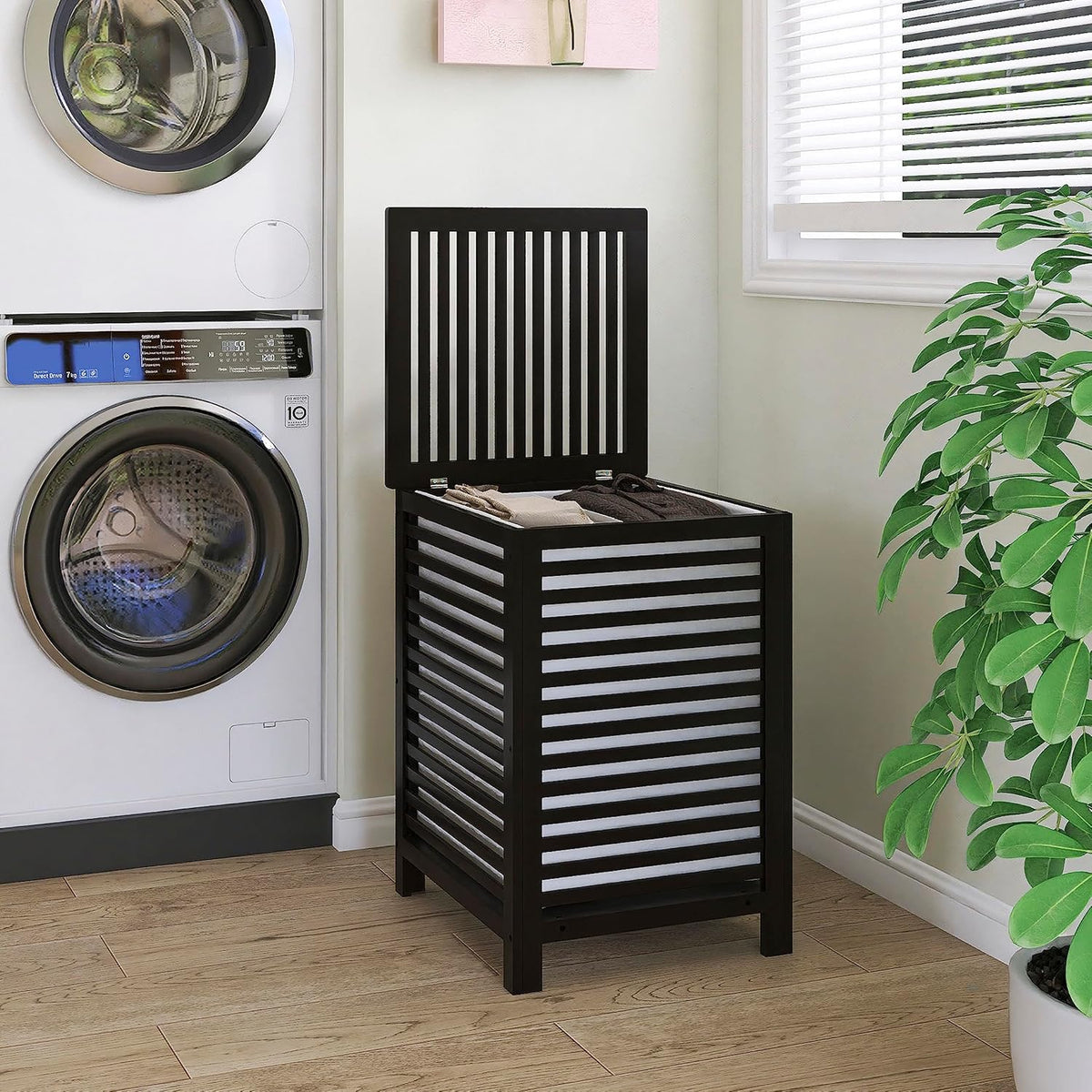 SMIBUY Double Laundry Hamper with Lid, 120L Bamboo Laundry Basket with Removable Liner Bag