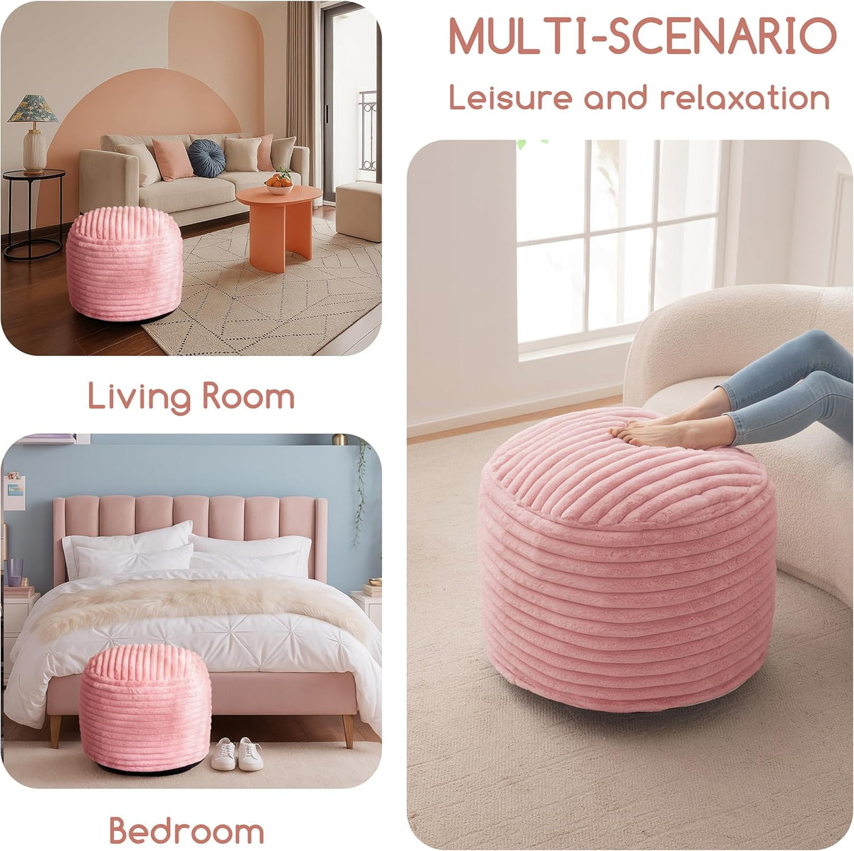 HIGOGOGO Round Stuffed Pouf Ottoman, Stripe Faux Fur Poufs with Foam Chunk Filling, Furry and