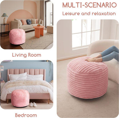 HIGOGOGO Round Stuffed Pouf Ottoman, Stripe Faux Fur Poufs with Foam Chunk Filling, Furry and