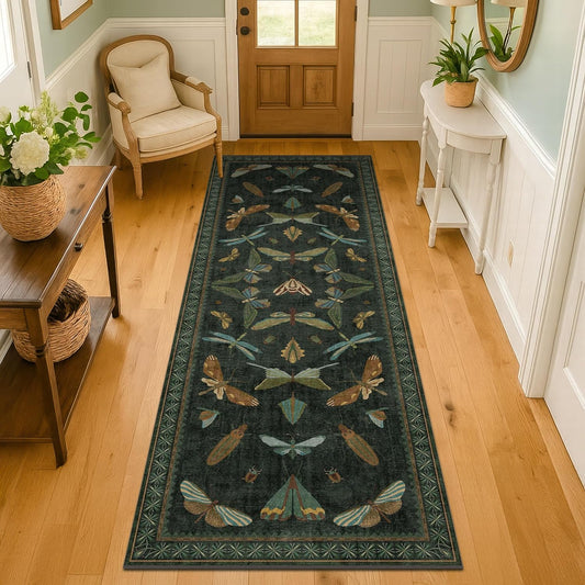 2x6 Entryway Runner Rug - Dark Green Kitchen Runners, Insect Floral Indoor Floor Décor, Washable