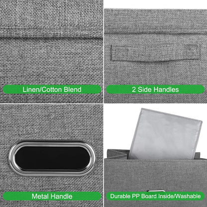 Linen Fabric Collapsible Storage Bins with Removable Lids and Handles, Washable Storage Box