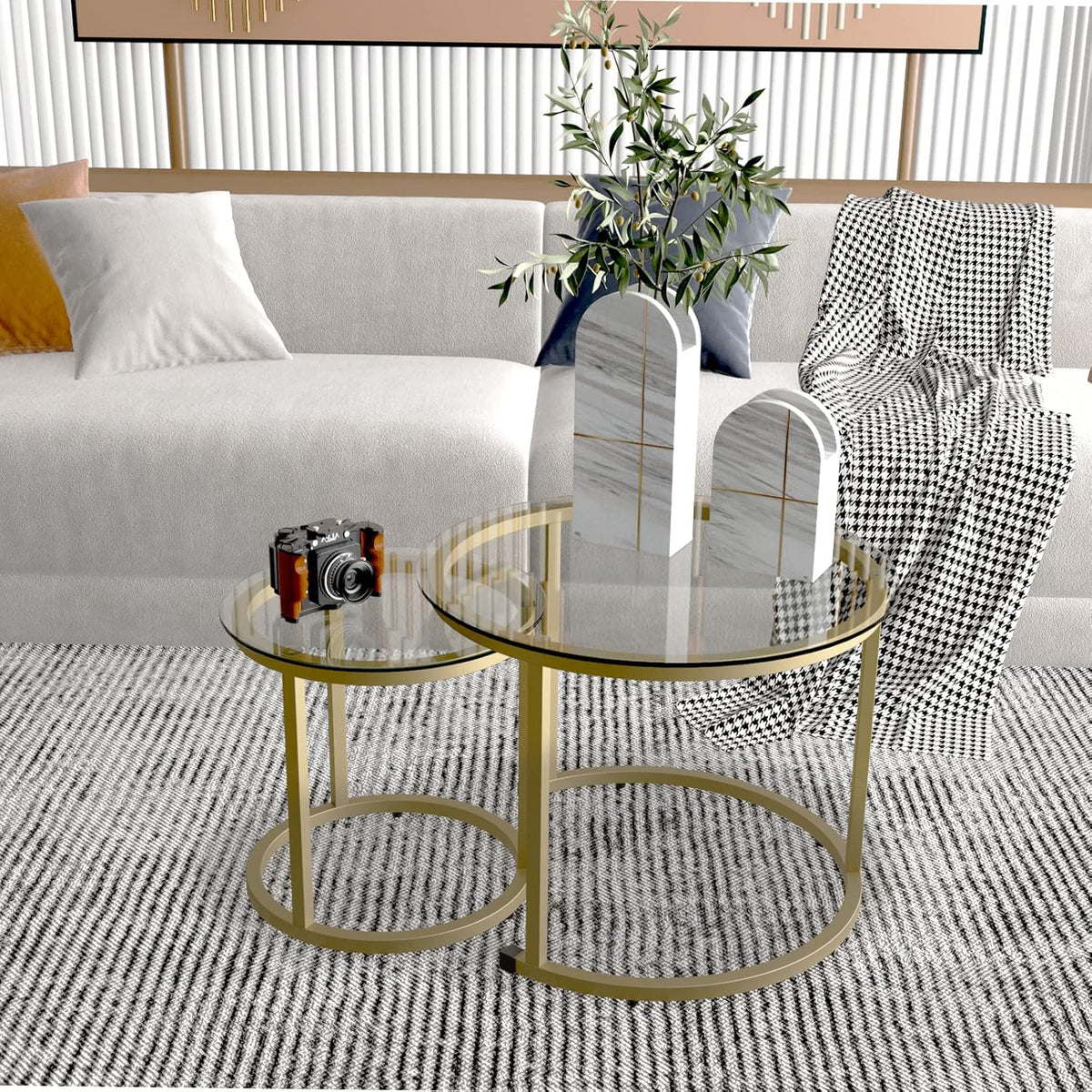 aboxoo Gold Nesting Coffee Table Set of 2, Small Glass Round Nesting Tables for Living Room
