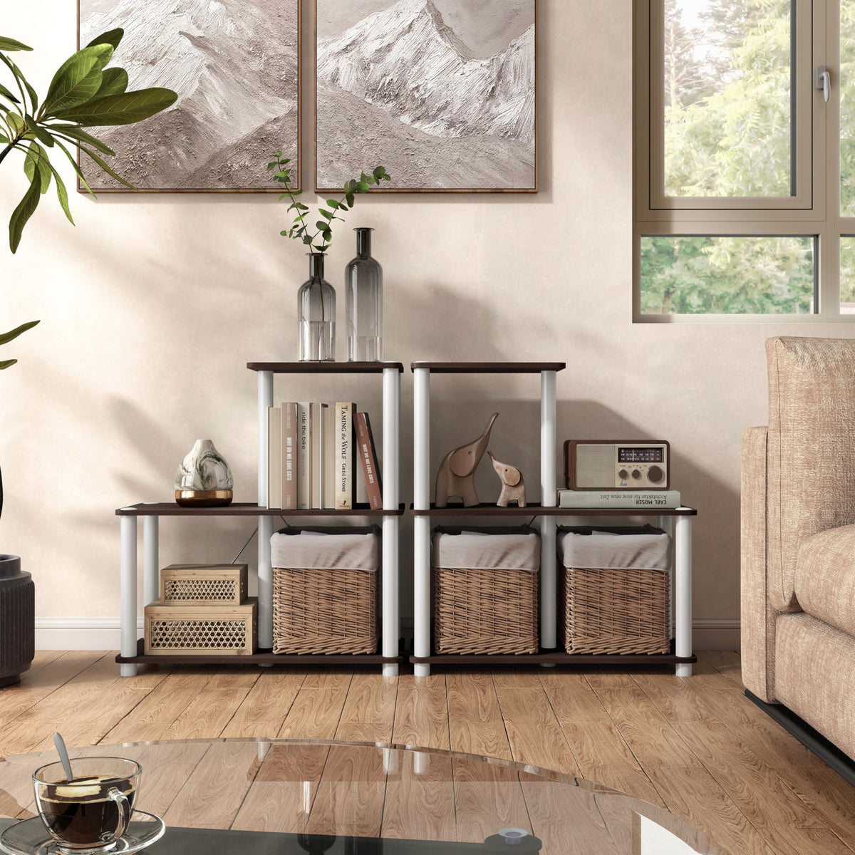 Homes: Inside + Out Apexa Modern 3-Cube Ladder Shelving Units, Collectibles Display Shelves, Easy