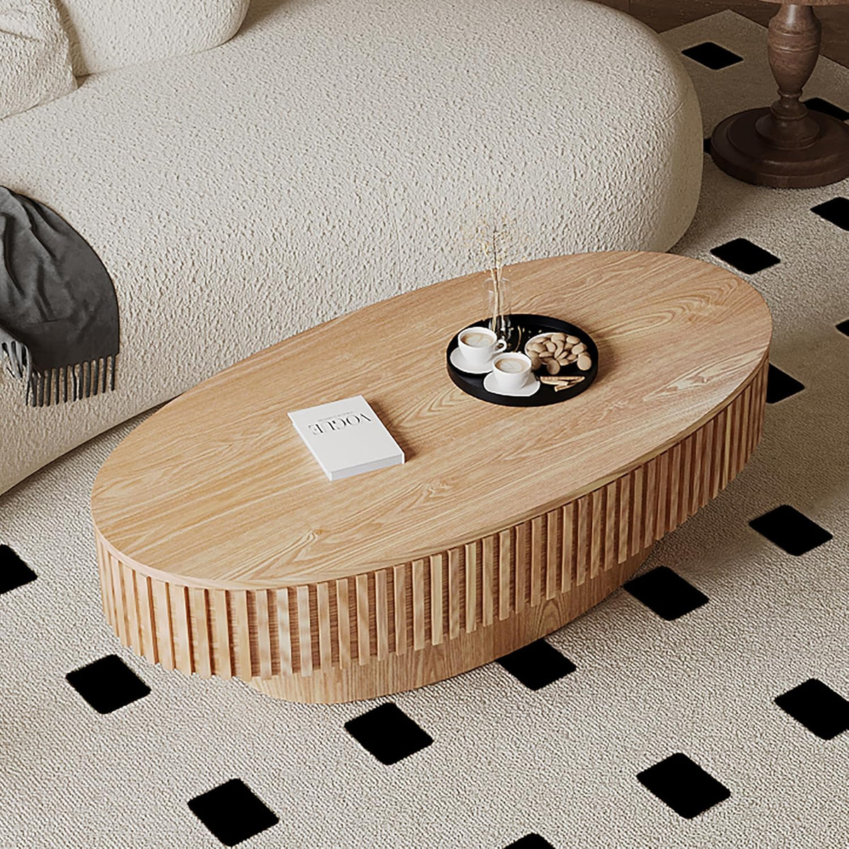 47.2''Oval Coffee Table with Storage, Mid Century Modern Drum Center Tables with Lid Fluted Solid