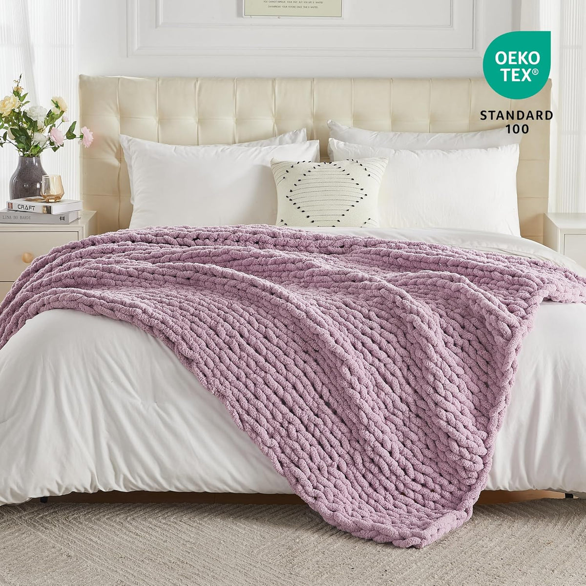 Carriediosa Chunky Knit Throw Blanket 50" X 60", 100% Hand Made Large Chenille Loop Yarn Soft
