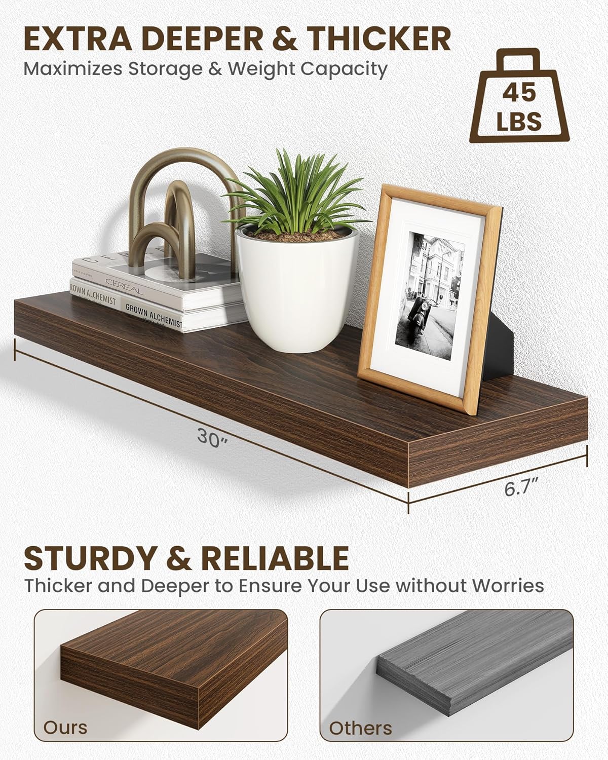 Marsmiles 30" Floating Shelves for Wall, Wooden Shelves with Invisible Brackets Set of 2, Rustic