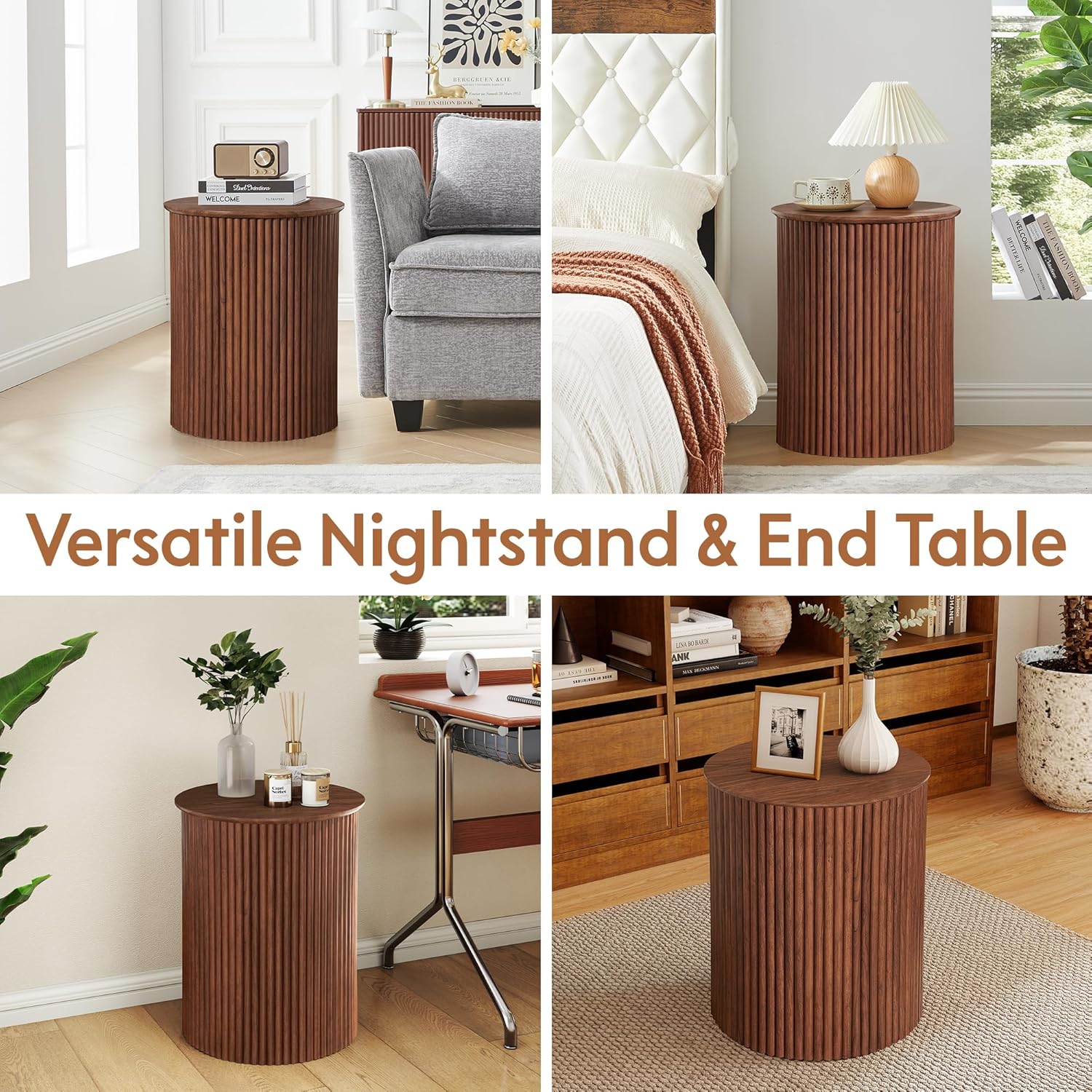 AVZEAR Small Round Side Table Fluted Night Stand Set of 2, 17.7" Mid Century Modern End Table