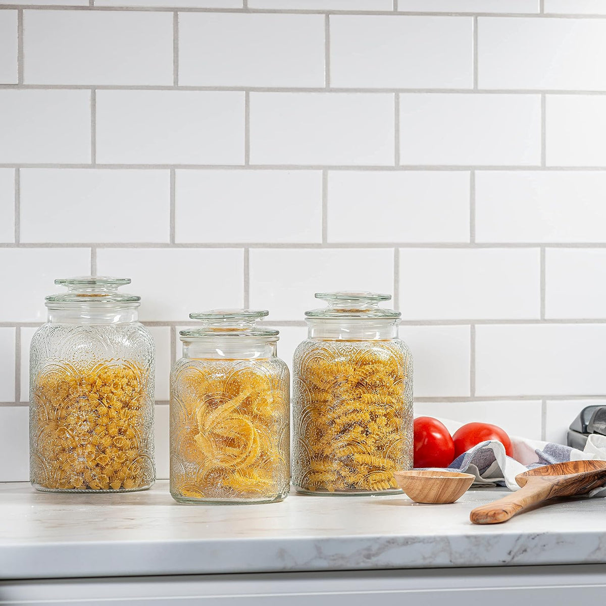 Le'raze Food Storage Containers with Airtight Lids - Retro Design - Pantry Organization, Glass
