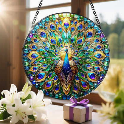 Stained Glass Window Hanging, LAOWEIKI 8'' Peacock Suncatcher, Stained Glass Ornament, Suncatchers