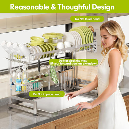 2 Tier Extra Large Stainless Steel Expandable Over The Sink Dish Drainer Drying Rack, Rust Proof