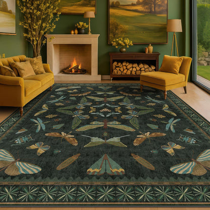 Dark Green Bug Area Rugs 8x10 for Living Room, Dining Room Under Table, Bedroom, Unique Washable