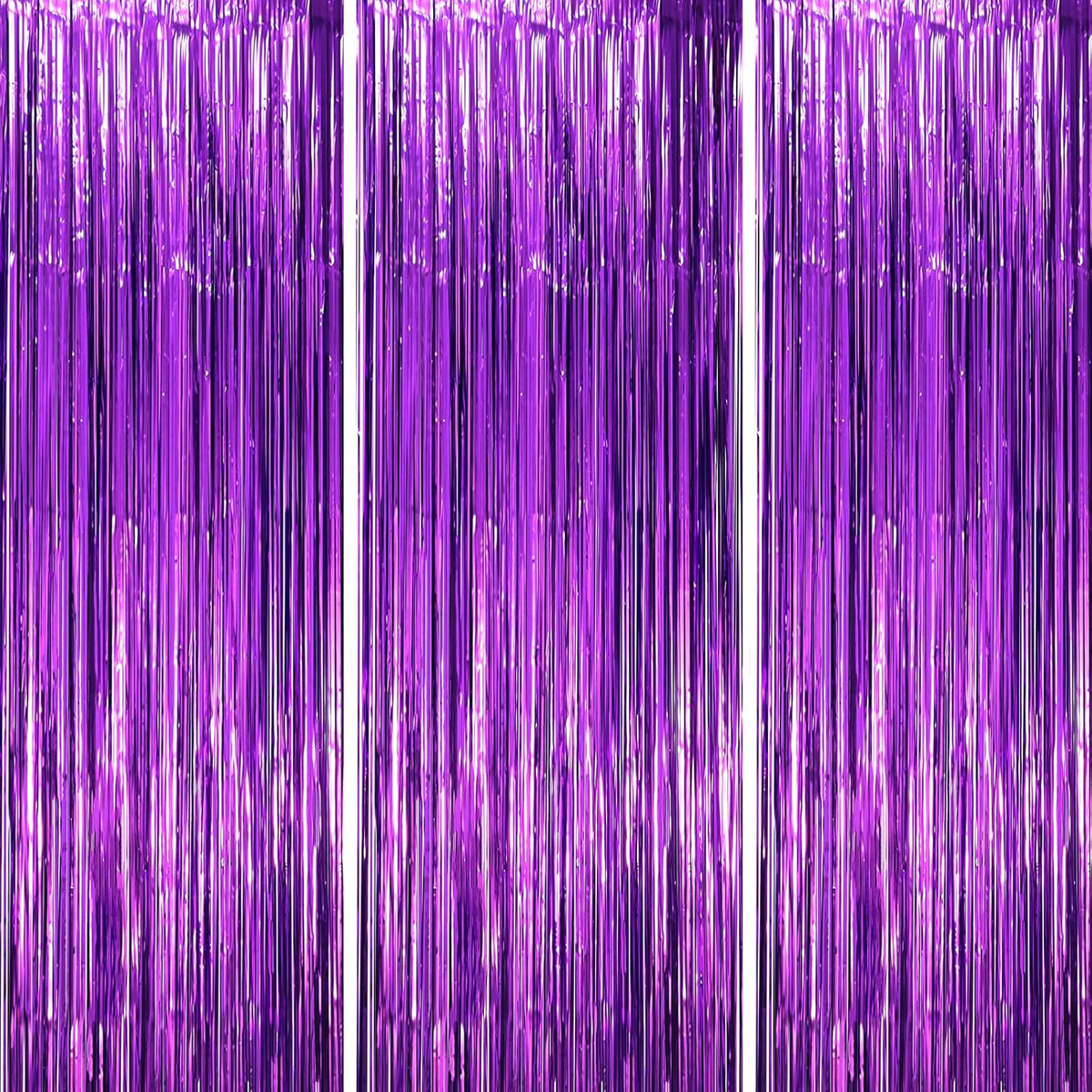 3 Pack 3.3x8.2 Feet Purple Foil Fringe Backdrop Curtains, Tinsel Streamers Birthday Party