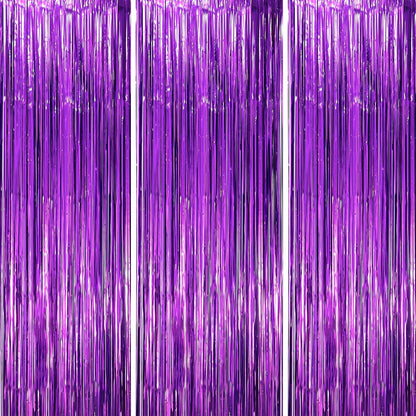3 Pack 3.3x8.2 Feet Purple Foil Fringe Backdrop Curtains, Tinsel Streamers Birthday Party