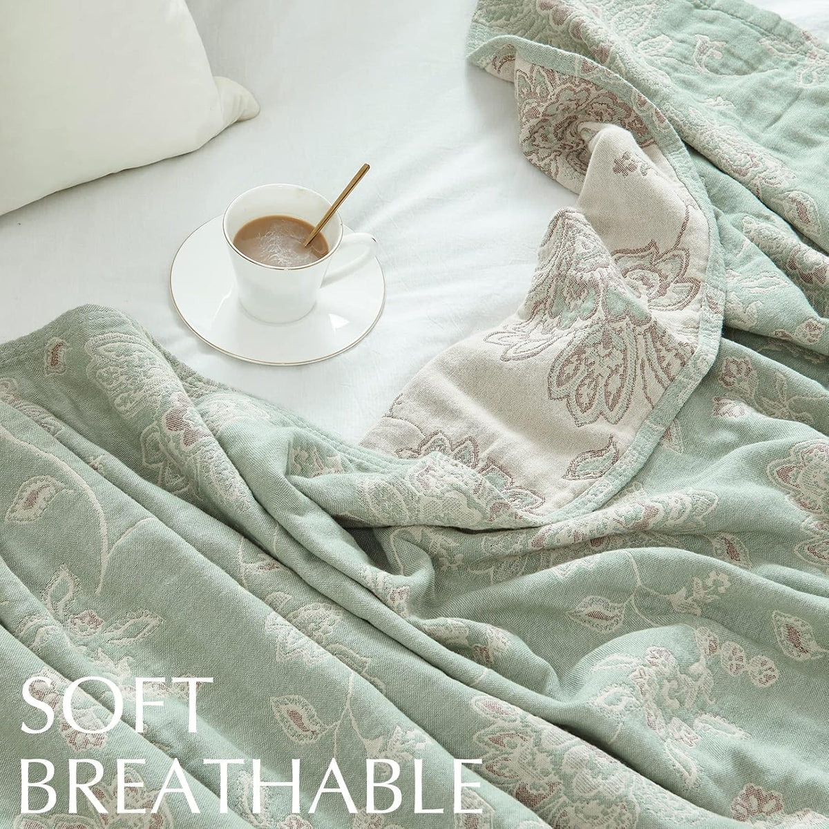 jinchan Boho 100% Cotton Muslin Twin Size 50x60 Inches Blanket Lightweight 4-Layer Quilted Soft