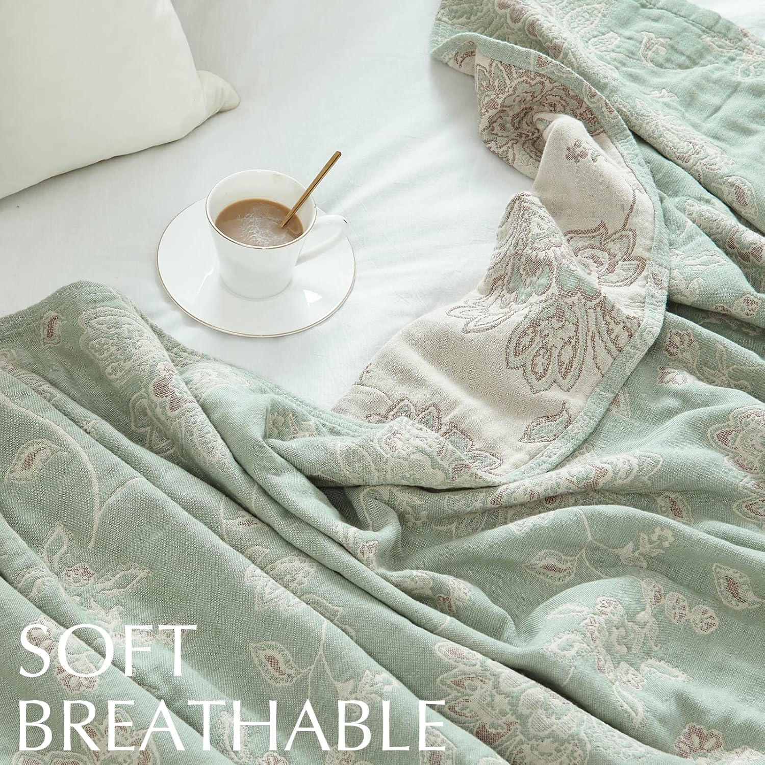 jinchan Boho 100% Cotton Muslin Twin Size 50x60 Inches Blanket Lightweight 4-Layer Quilted Soft